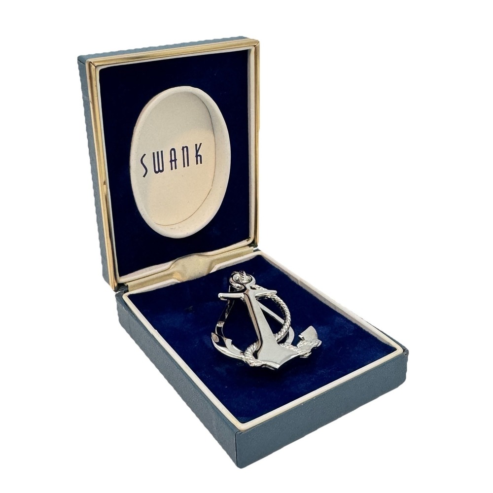 Swank Anchor Tie Tack Lapel Pin Silver Tone Nautical Rope‎ Original Box Vintage